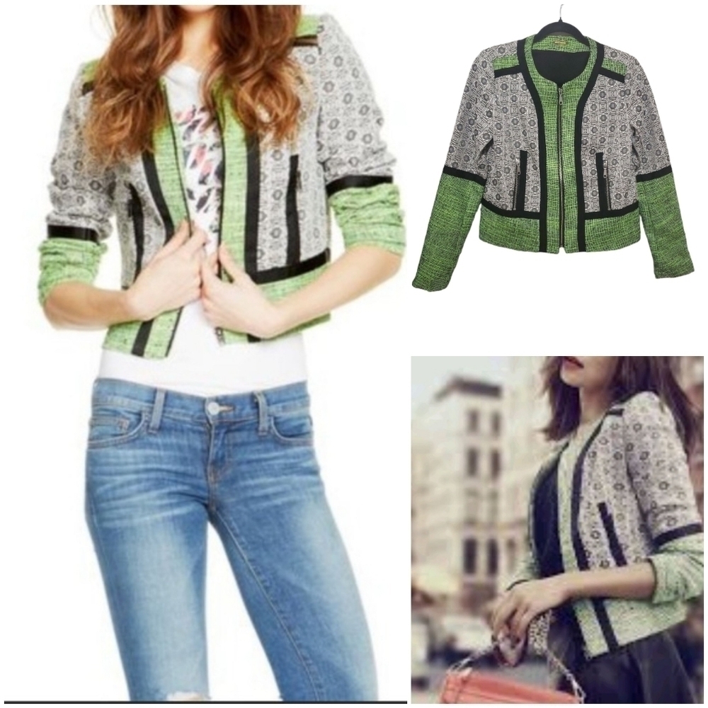 Rebecca Minkoff  Payton Travel Tweed Collarless Jacket, Neon Green/Black, Size 2 - Picture 2 of 16
